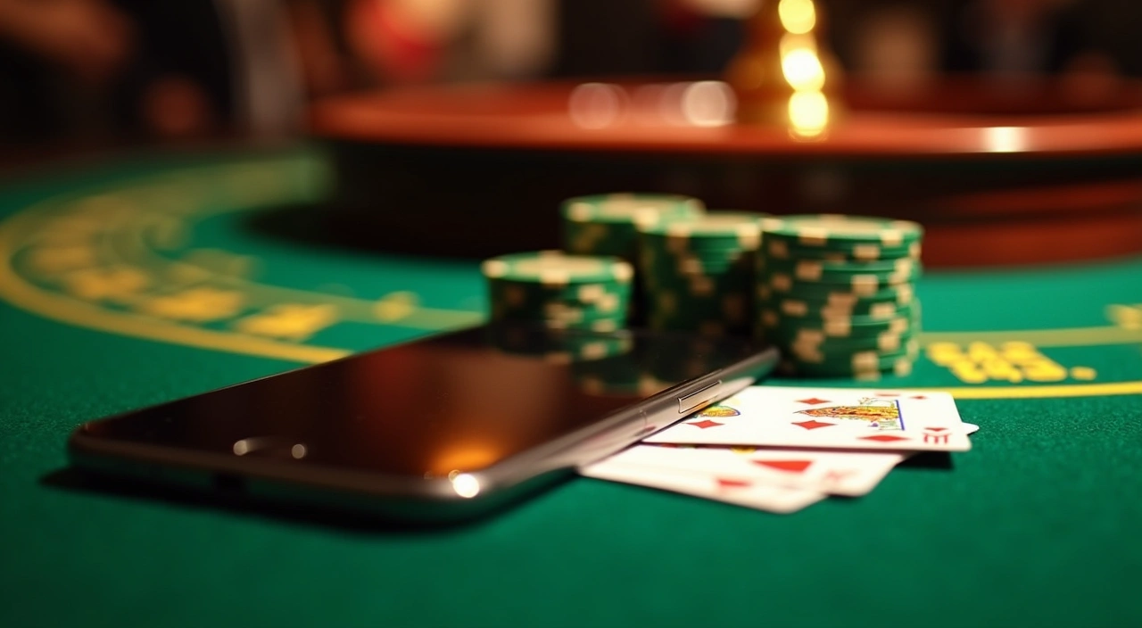 Viljo casino: kasinopöytä, pelimerkkipinoja, pelikortteja ja puhelin vihreällä verkalla, rulettipyörä taustalla